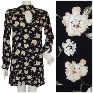 ELAN Mini Dress, S, Black/Off-White Floral, Long sleeves, Choker/Keyhole